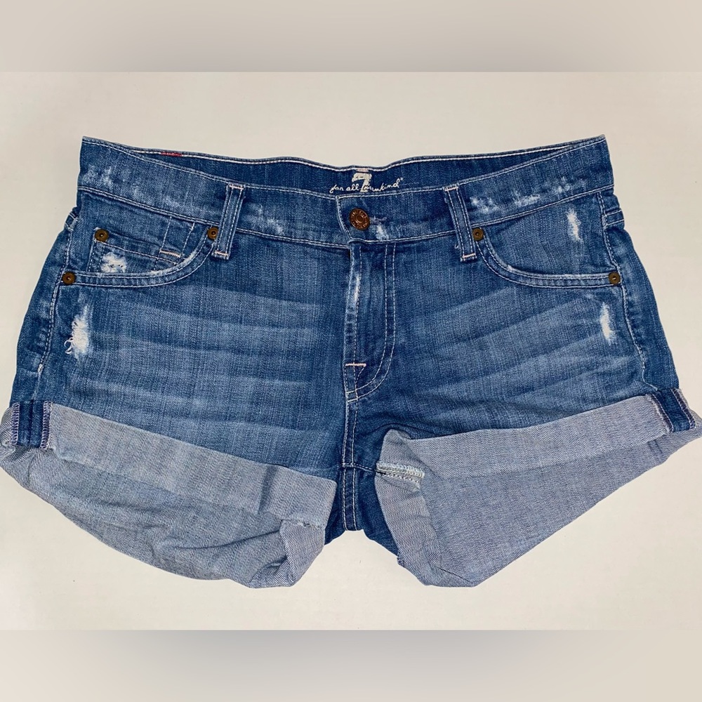 7 For All Mankind Women's Blue Denim Rolled Hem Shorts